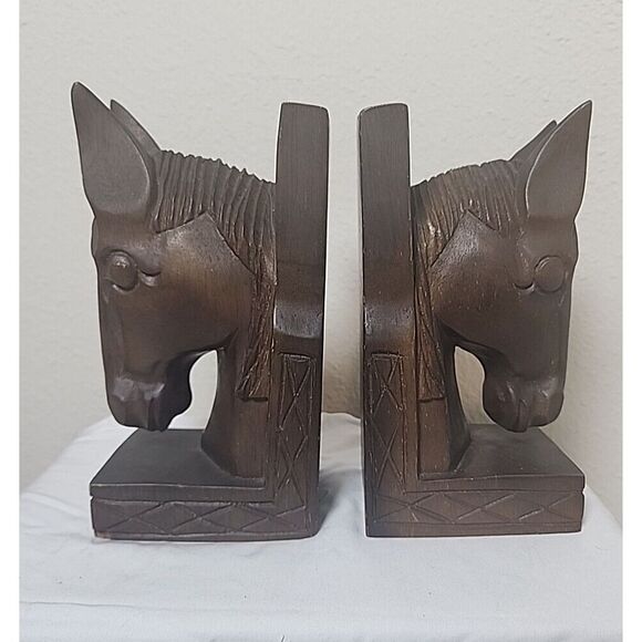 VTG Hand Carved Solid Wood Horse Heads Book‎ Ends Large Heavy 12" Equestrian Two - Picture 1 of 8